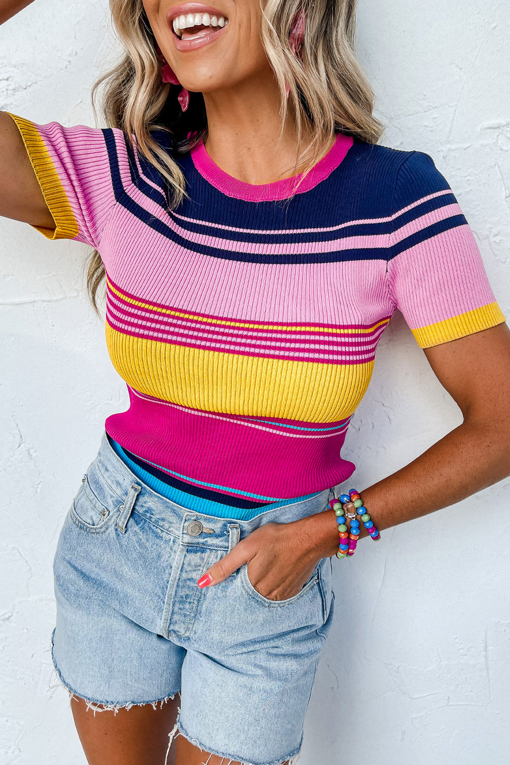 Pink Mixed Striped Ribbed Knit Tops Felicity Drive Boutique