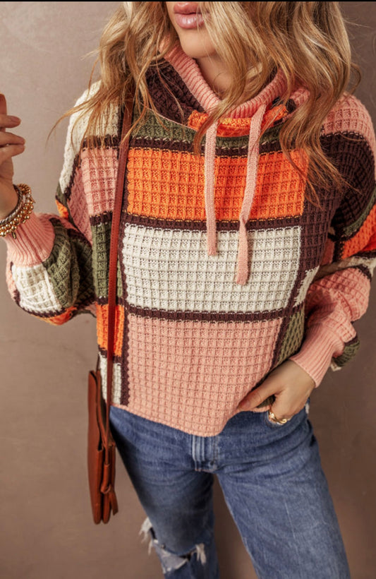 Orange Color Block Hoodie Sweater