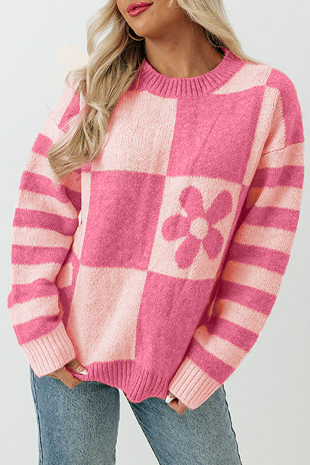 Strawberry Pink Checkered Floral Print Striped Sleeve Sweaters