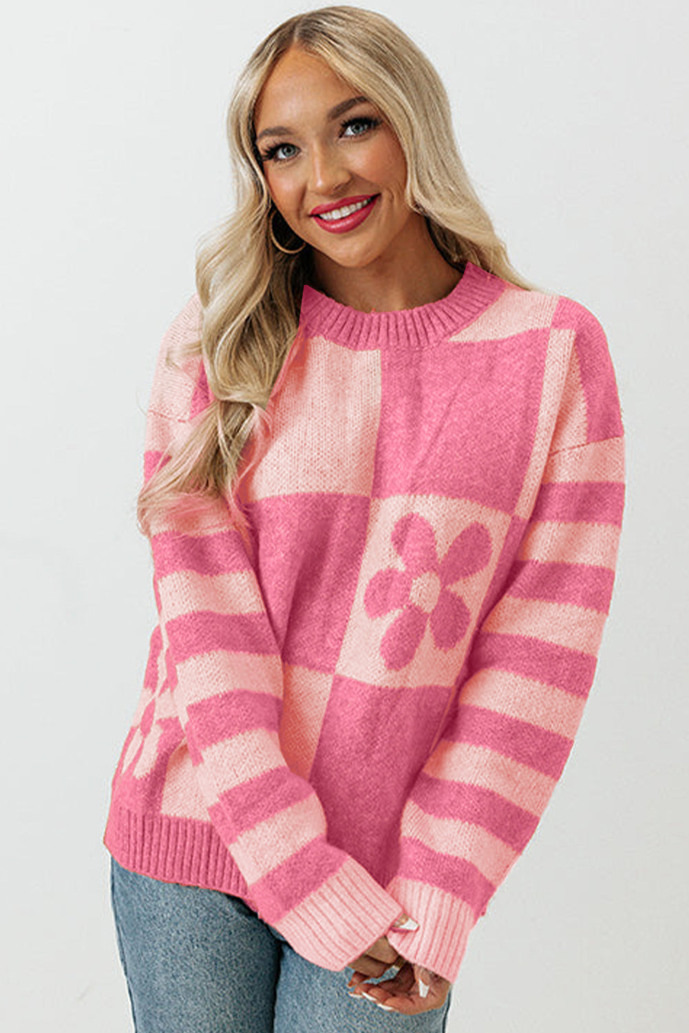 Strawberry Pink Checkered Floral Print Striped Sleeve Sweaters