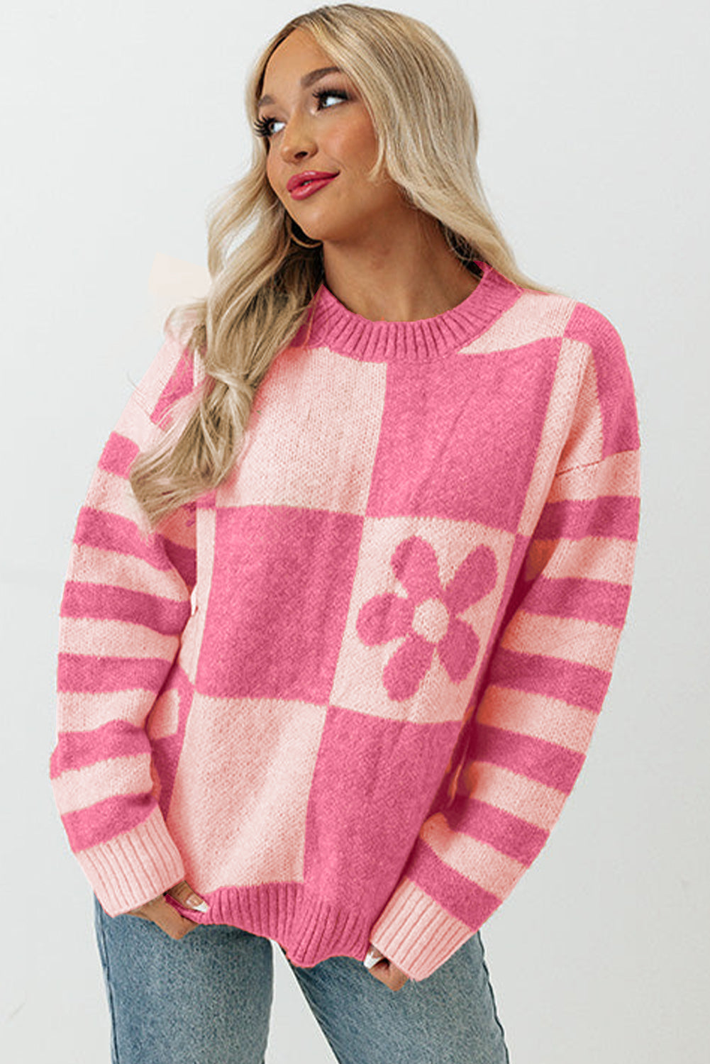 Strawberry Pink Checkered Floral Print Striped Sleeve Sweaters