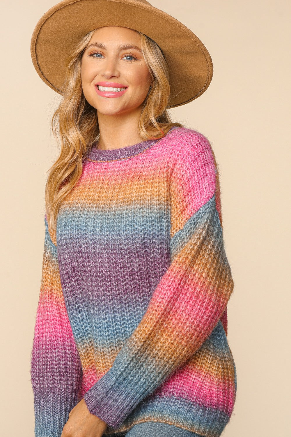 Multi Color Ombre Long Sleeve Pullover Knit Sweater